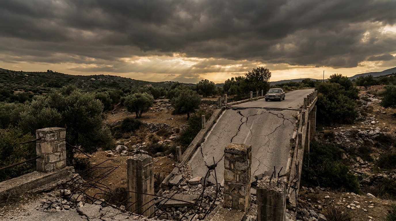 Podul prăbușit din Grecia pe care șoferii îl ignoră de trei ani